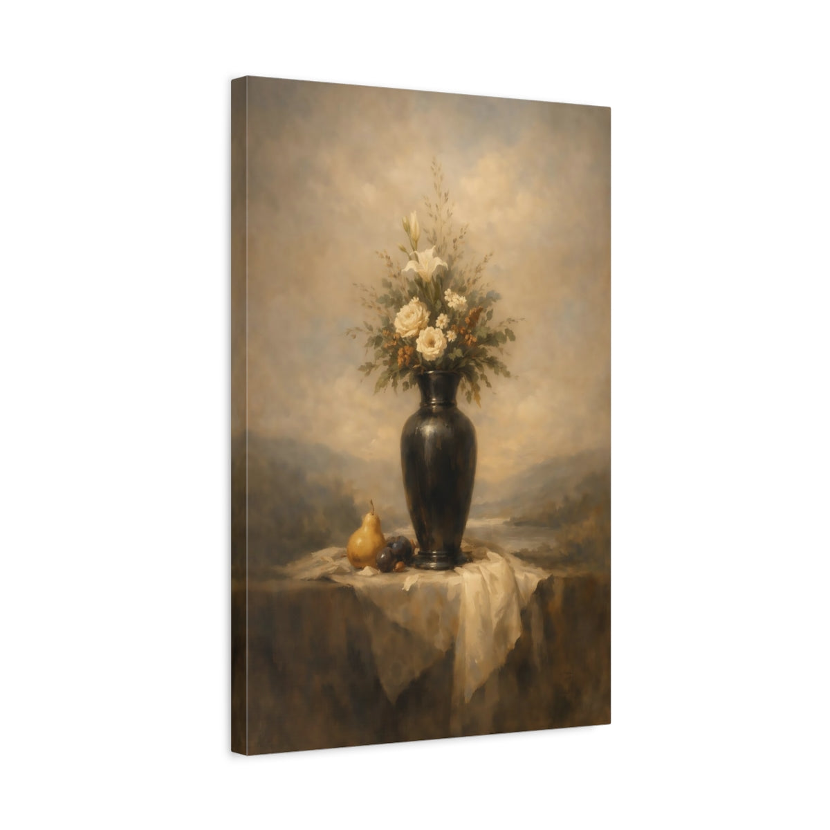 Side Mockup 3. Floral Floral Vase Cream And Brown Still Life shown as stretched canvas wall art