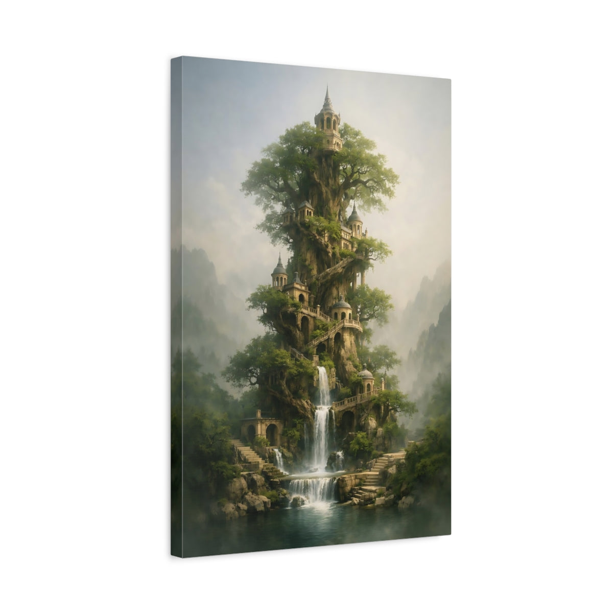 Side Mockup 3. Fairytale Enchanted Tree Green Fantasy Landscape shown as stretched canvas wall art