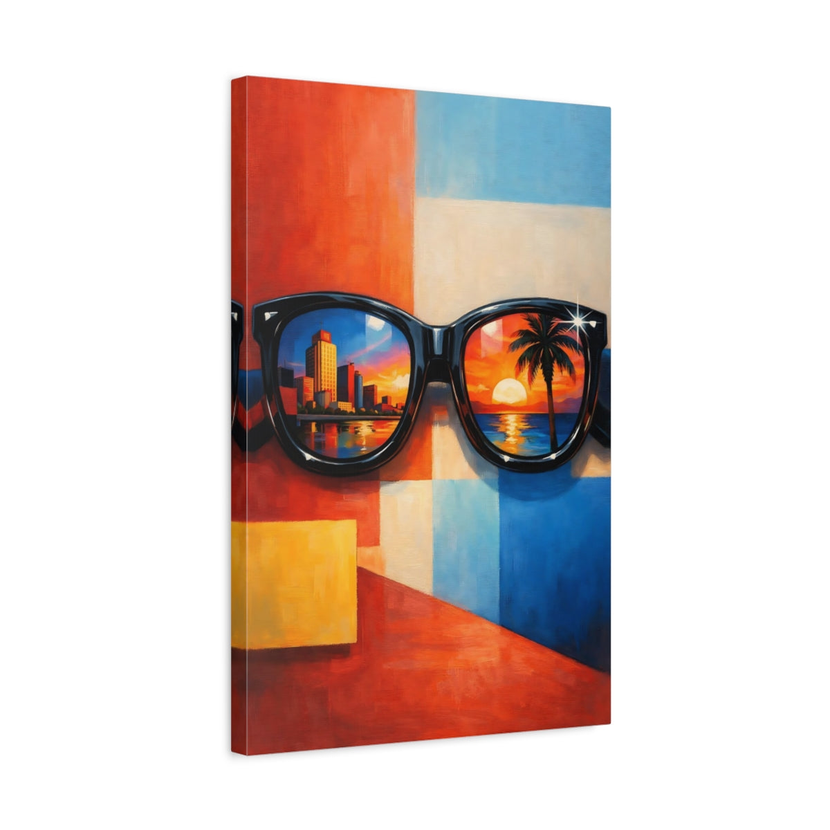 Side Mockup 3. Abstract Sunglasses Colorful Reflections shown as stretched canvas wall art