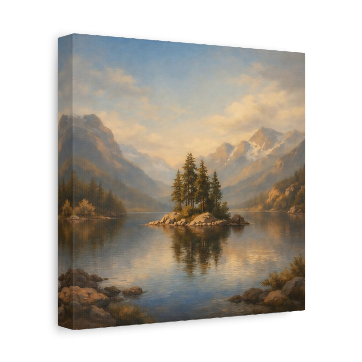 Side Mockup 9. Nature Pine Island Blue Gold Landscape shown as stretched canvas wall art