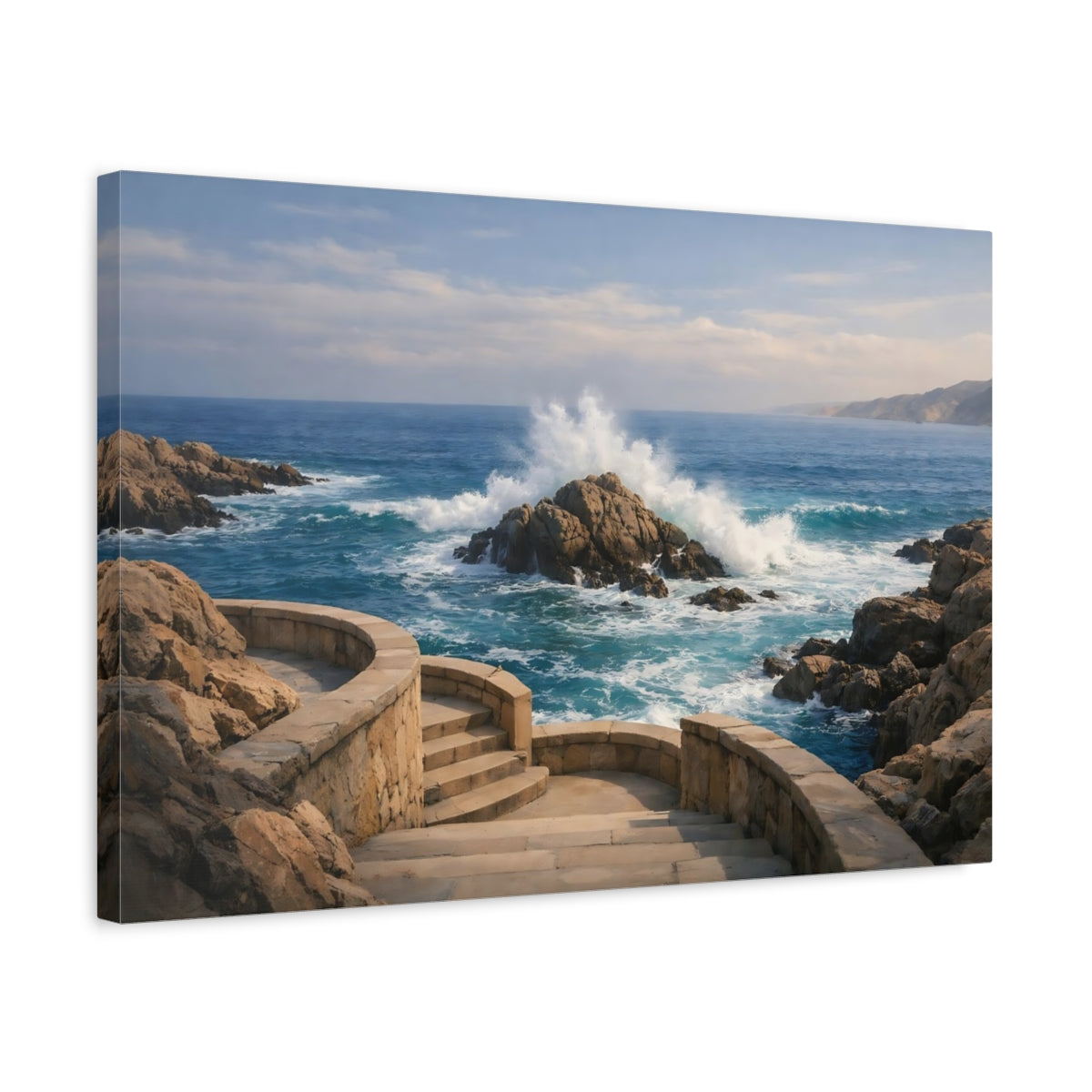 Seascape Coastal Steps Ocean Waves Nature - Canvas Wall Art Print