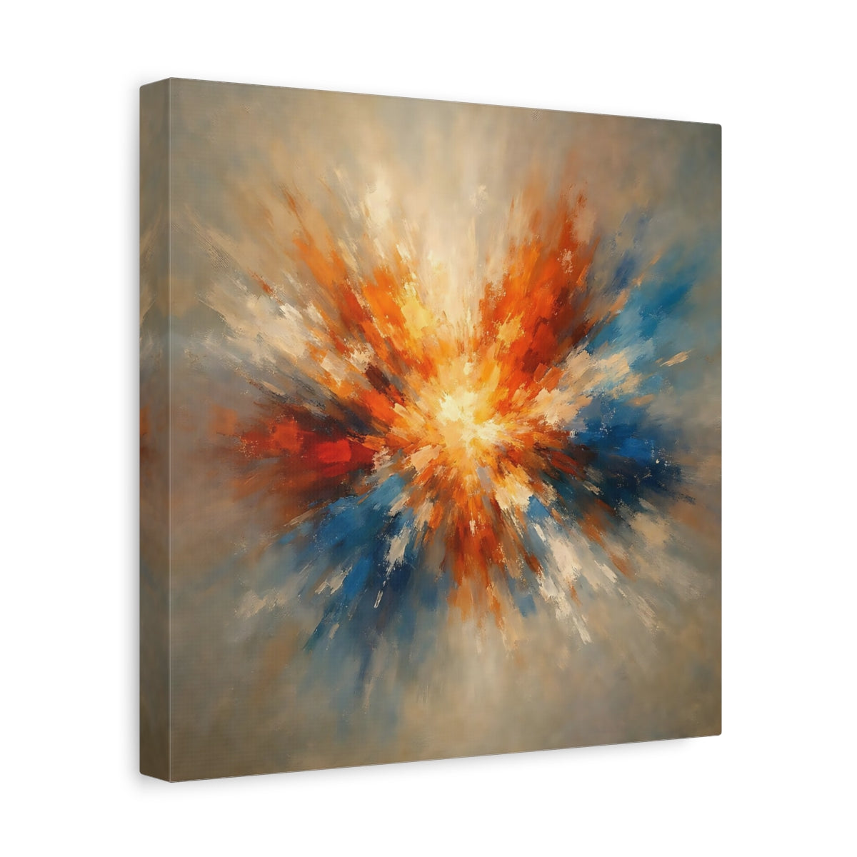 Side Mockup 8. Abstract Color Explosion Orange And Blue Explosion shown as stretched canvas wall art