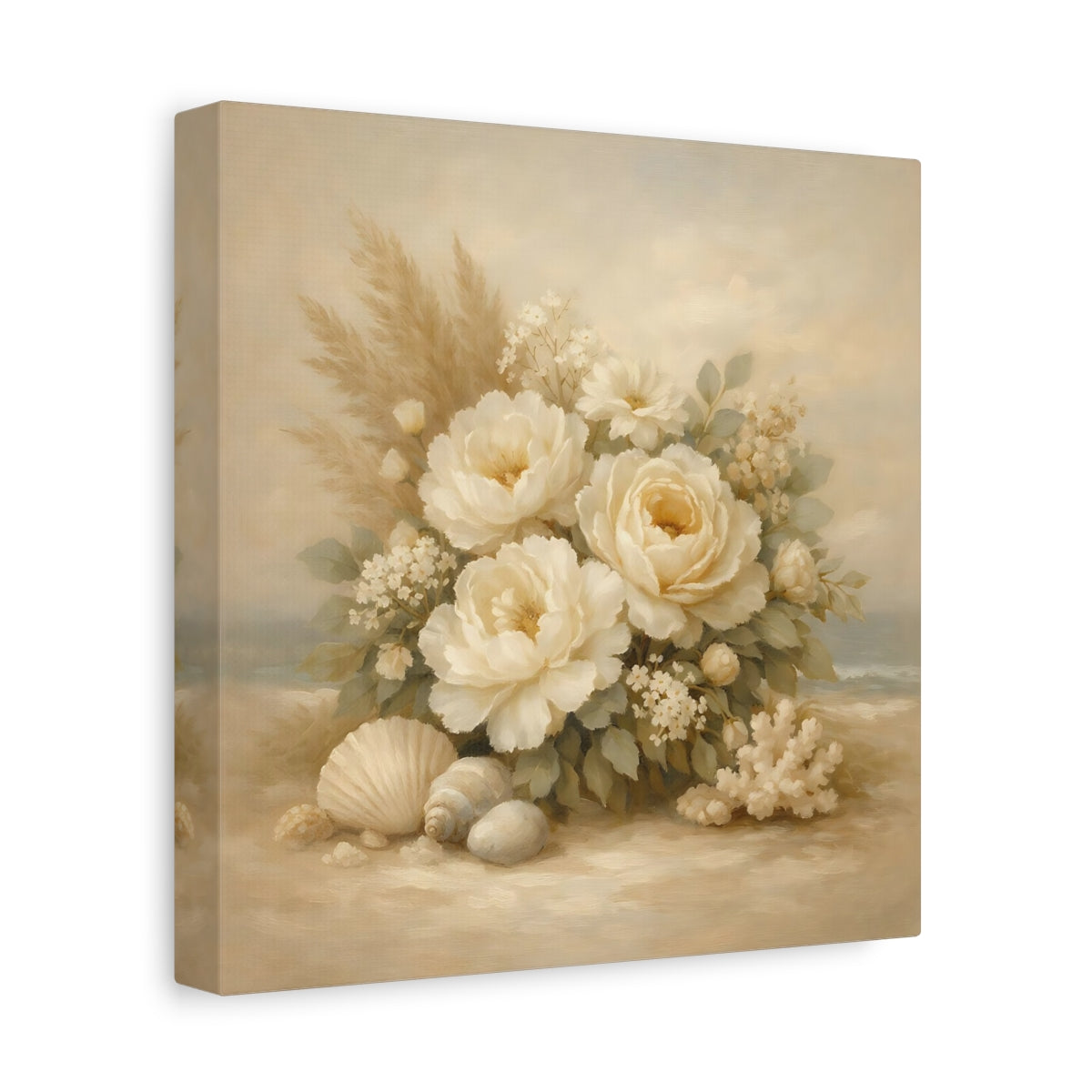 Side Mockup 9. Floral White Peonies Coastal Floral shown as stretched canvas wall art