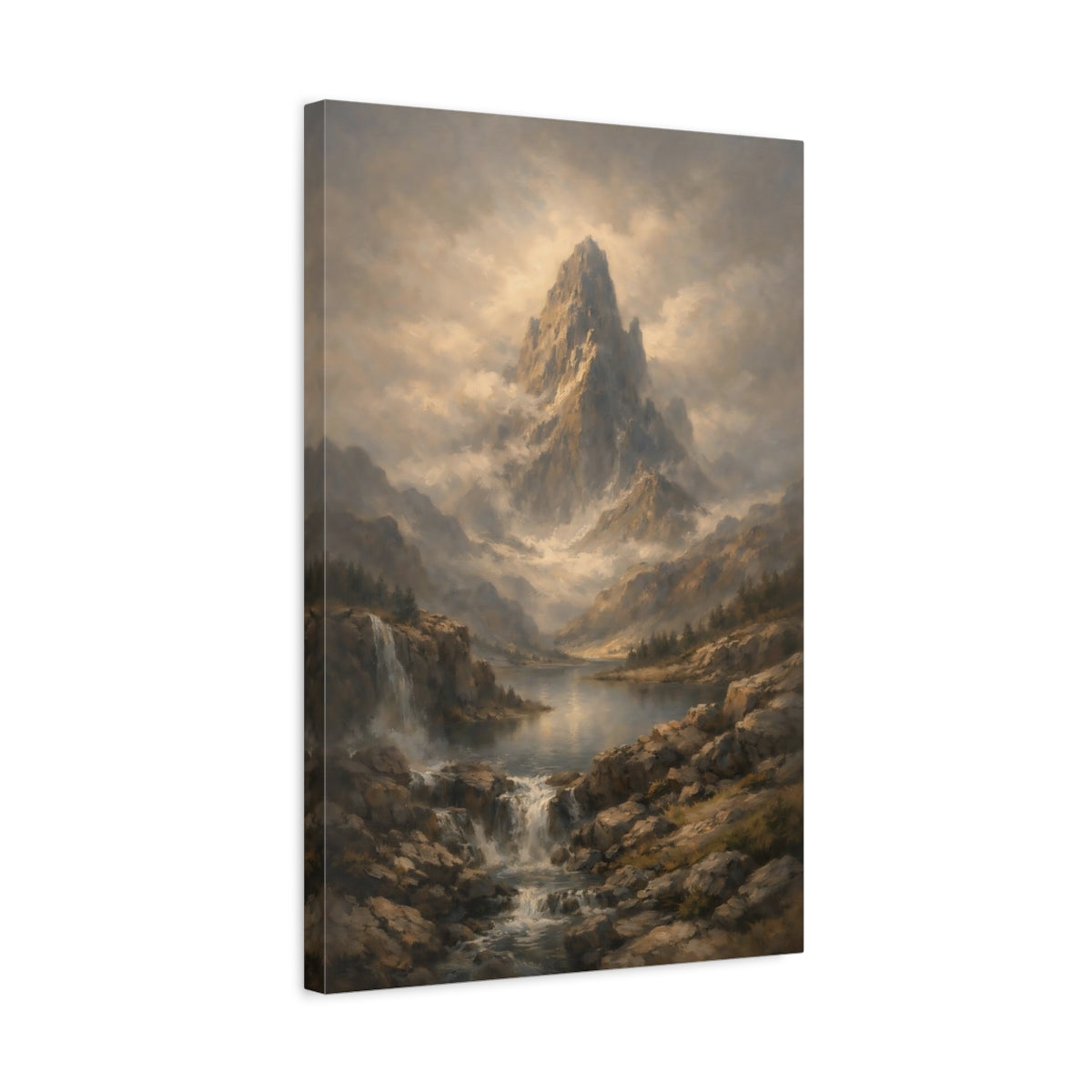 Side Mockup 3. Nature Mountain Peak Misty Mountain Lake shown as stretched canvas wall art