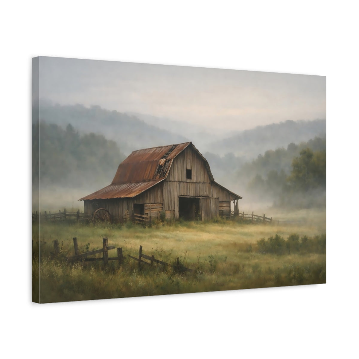 Mist Depth Old Barn Rustic Nature - Canvas Wall Art Print