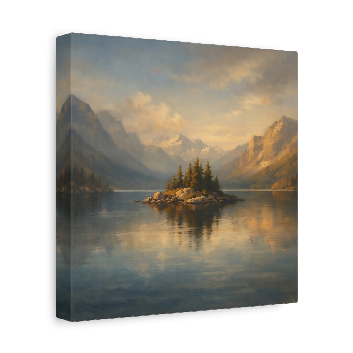 Side Mockup 9. Nature Mountain Lake Blue And Gold Landscape shown as stretched canvas wall art