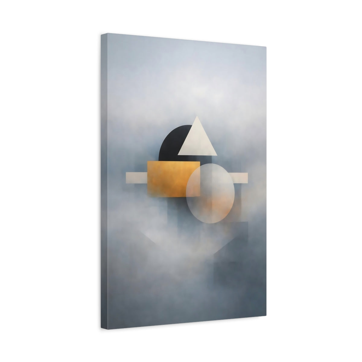 Side Mockup 3. Abstract Geometric Shapes Gold And Gray Abstract shown as stretched canvas wall art
