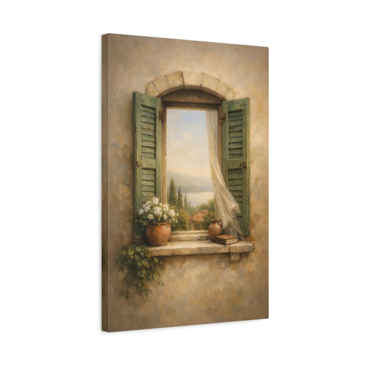 Side Mockup 3. Nature Window View Mediterranean Window shown as stretched canvas wall art