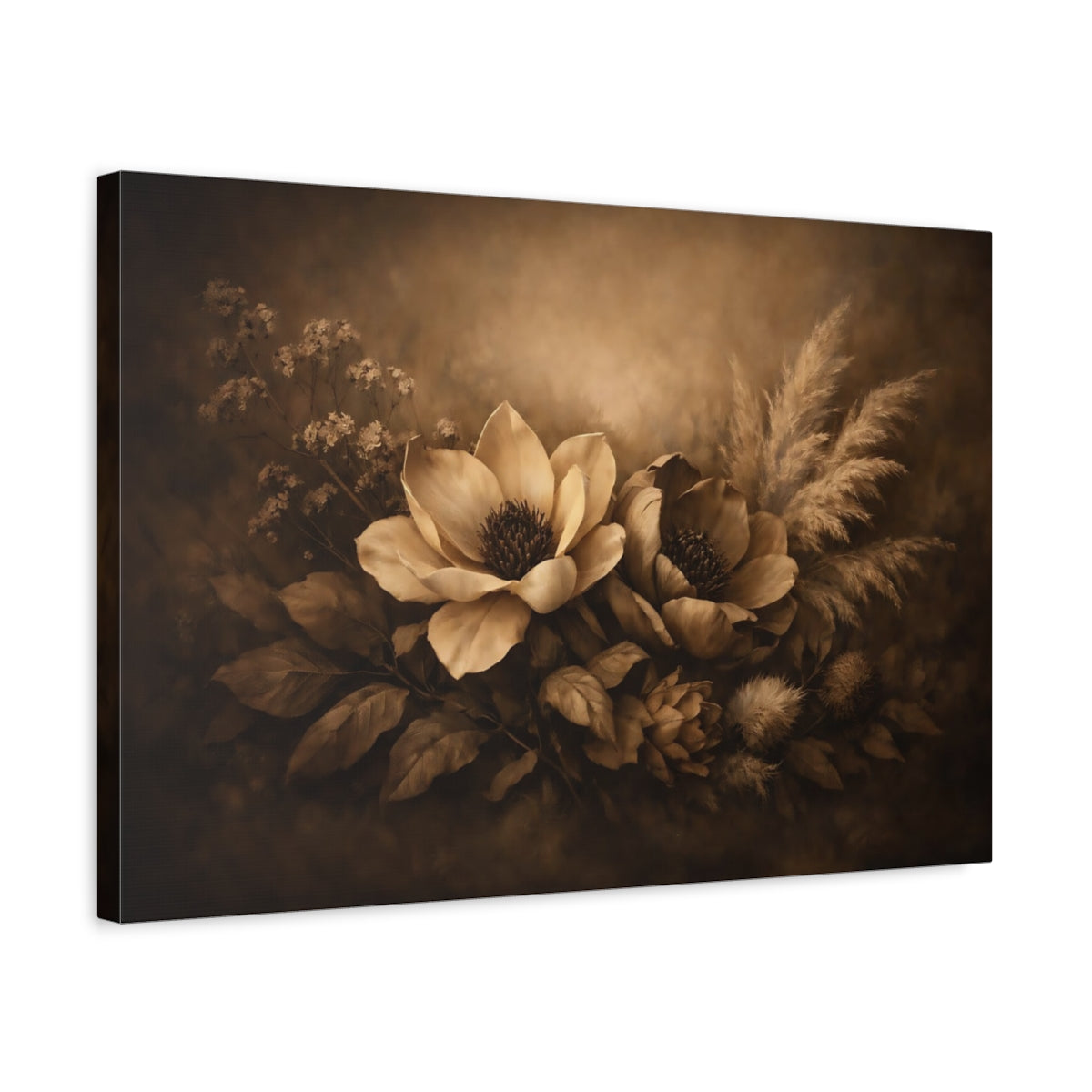 Dark Dramatic Botanical Beige Magnolia Flowers Floral - Canvas Wall Art Print
