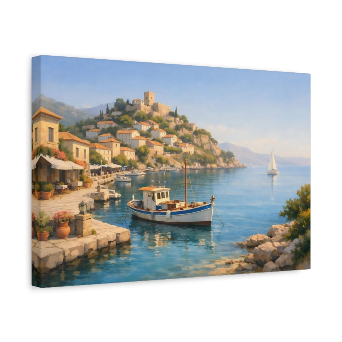Mediterranean Harbor View Coastal Village Nature - Canvas Wall Art Print