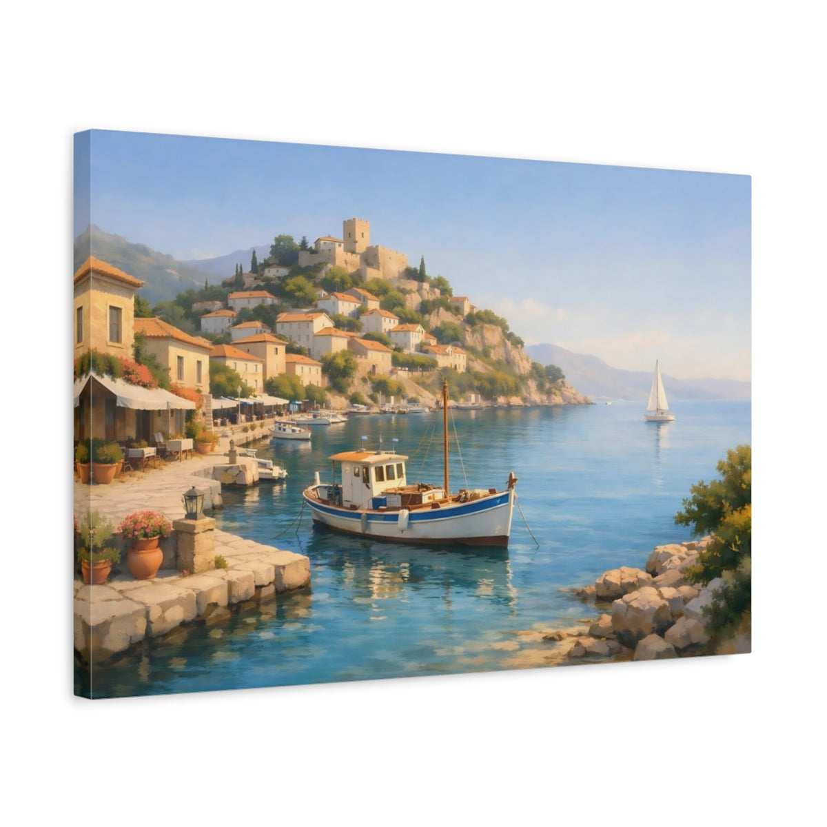 Mediterranean Harbor View Coastal Village Nature - Canvas Wall Art Print