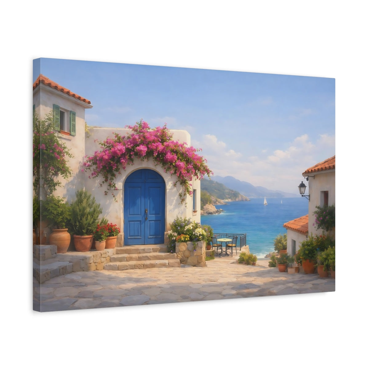 Side Mockup 3. Seascape Mediterranean Village Street shown as stretched canvas wall art