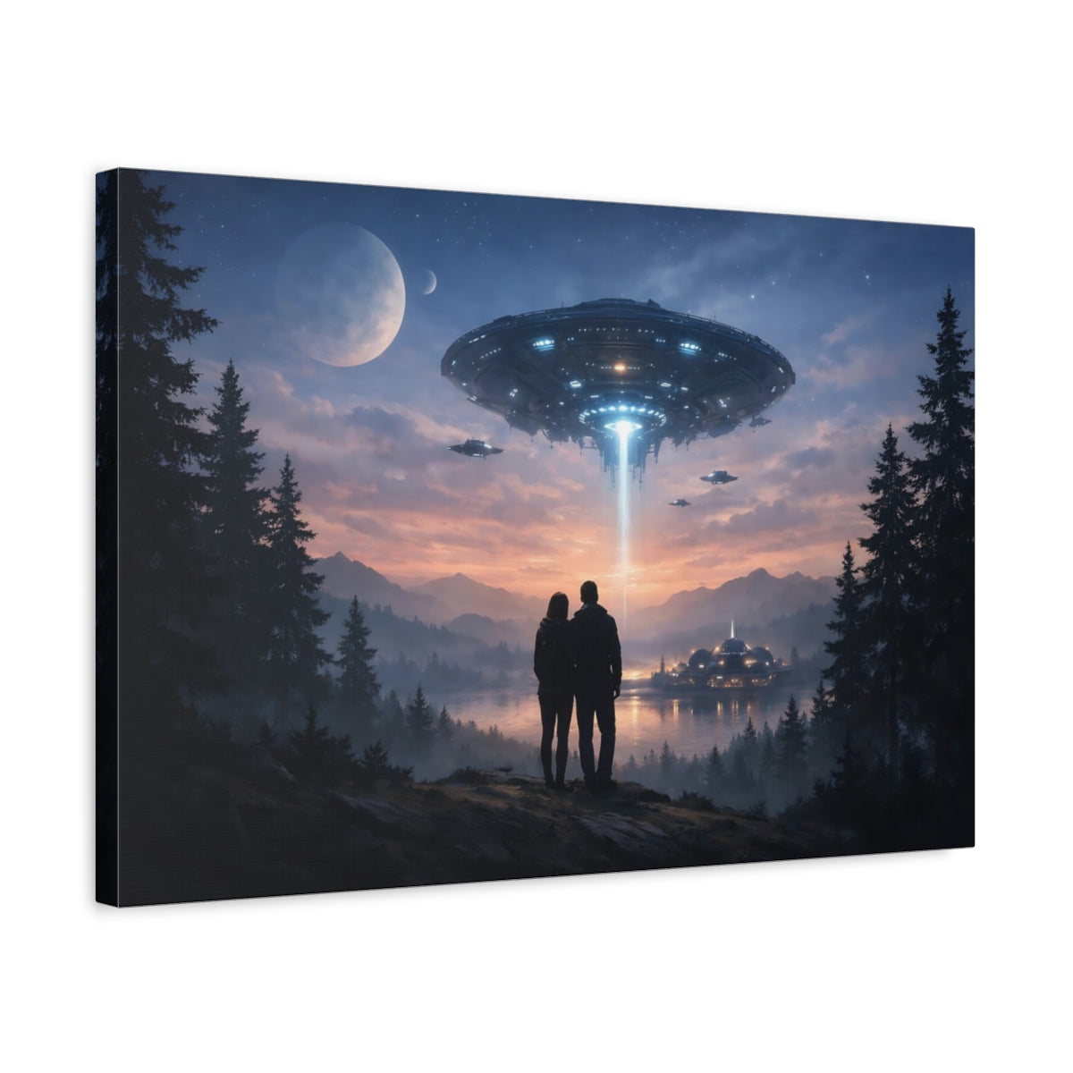 Science Fiction Sky Forest Ufos - Canvas Wall Art Print