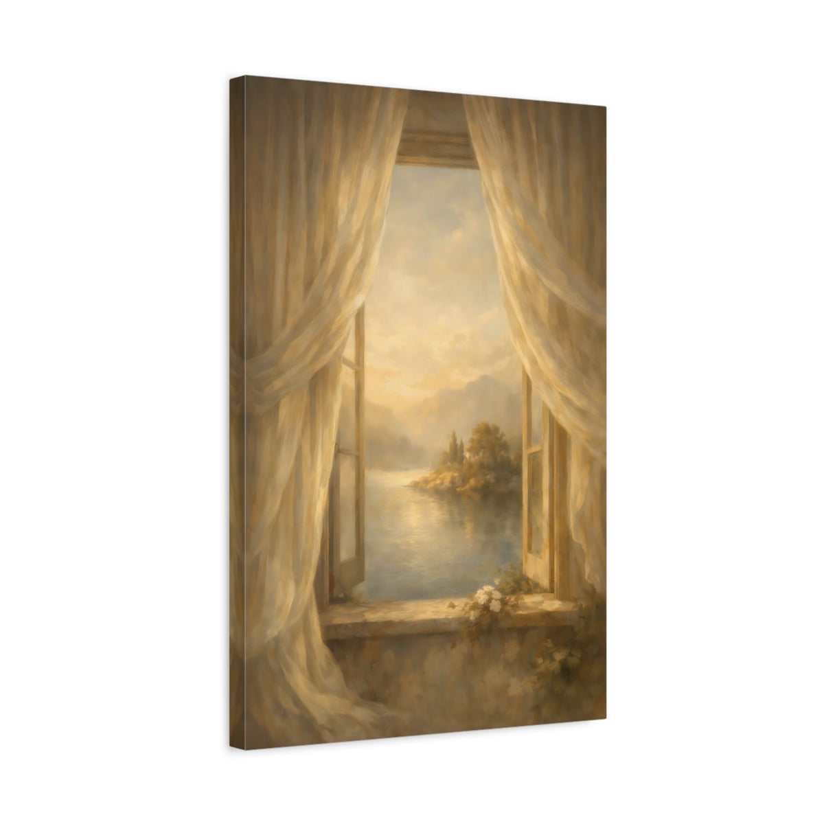 Side Mockup 3. Nature Lake View Warm Golden Lake shown as stretched canvas wall art