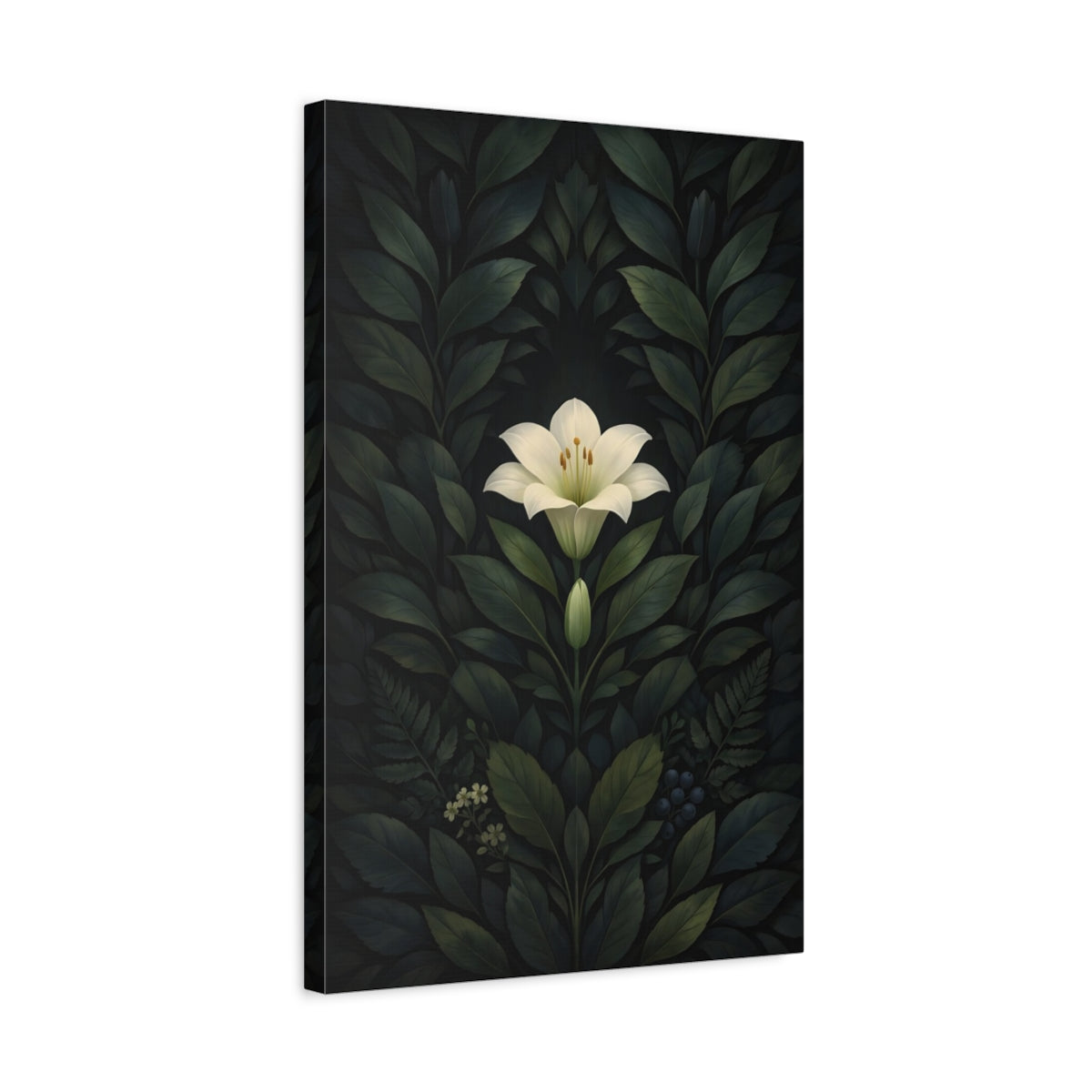 Floral White Lily Dark Green - Canvas Wall Art Print