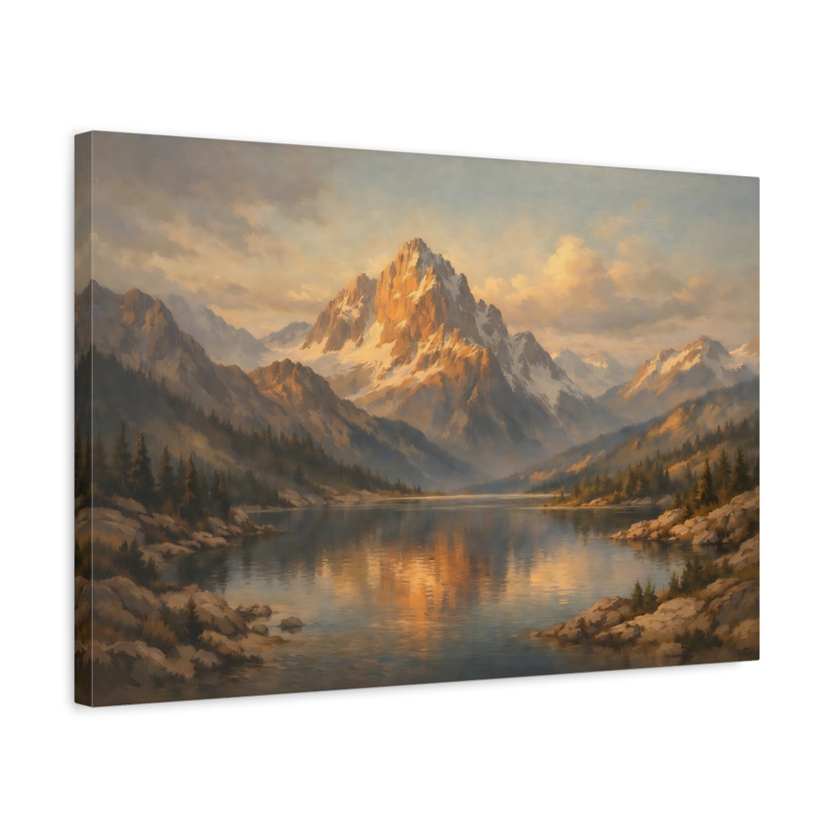 Side Mockup 3. Nature Mountain Lake Golden Mountain Lake shown as stretched canvas wall art