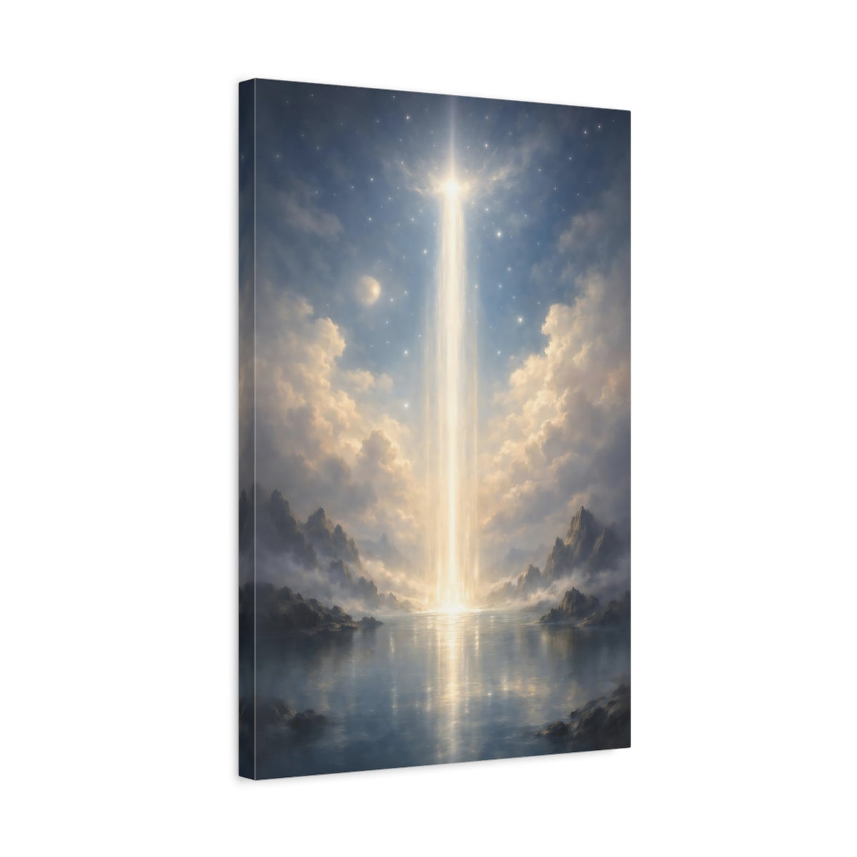 Side Mockup 3. Nature Ethereal Light Blue And Gold shown as stretched canvas wall art
