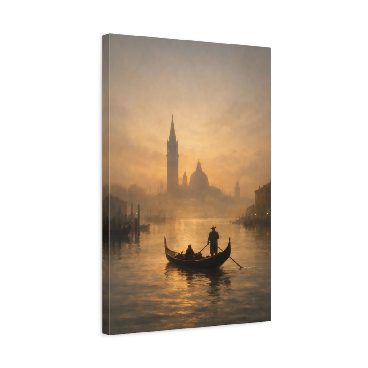 Side Mockup 3. Vintage Gondola Golden Canal shown as stretched canvas wall art