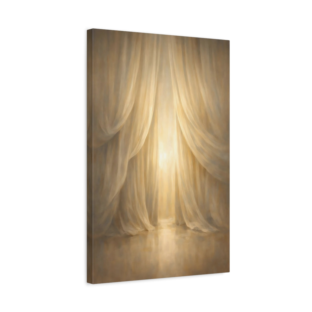 Side Mockup 3. Abstract Draped Curtains Golden Curtains shown as stretched canvas wall art