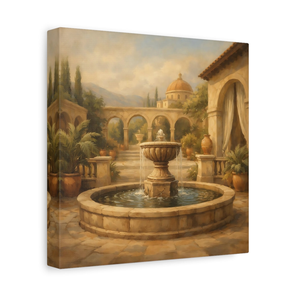 Side Mockup 9. Vintage Fountain Tuscan Courtyard shown as stretched canvas wall art