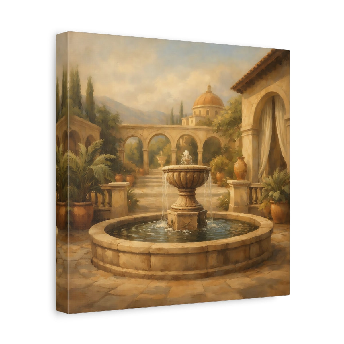 Side Mockup 8. Vintage Fountain Tuscan Courtyard shown as stretched canvas wall art