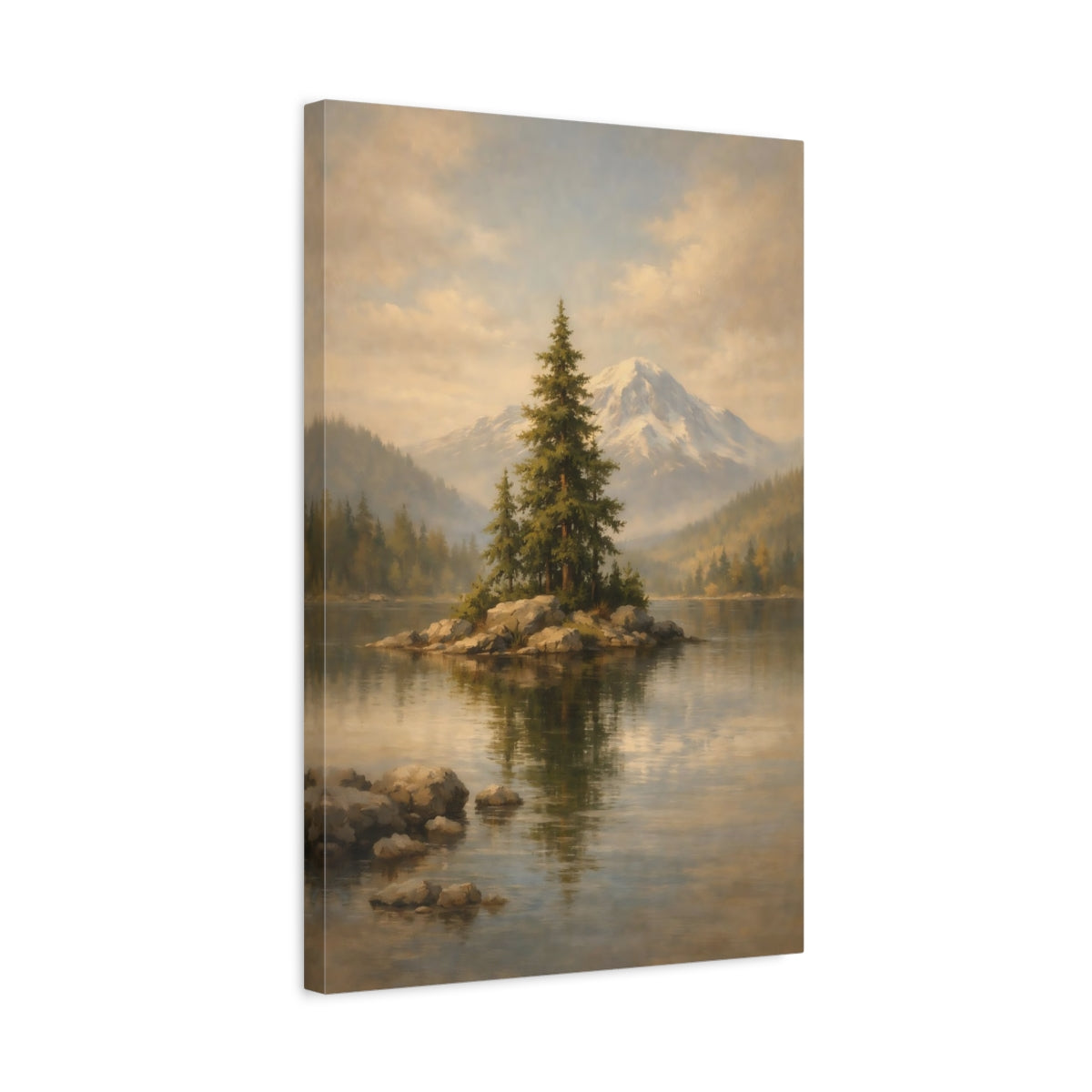 Side Mockup 3. Nature Lake Island Green Mountain Lake shown as stretched canvas wall art