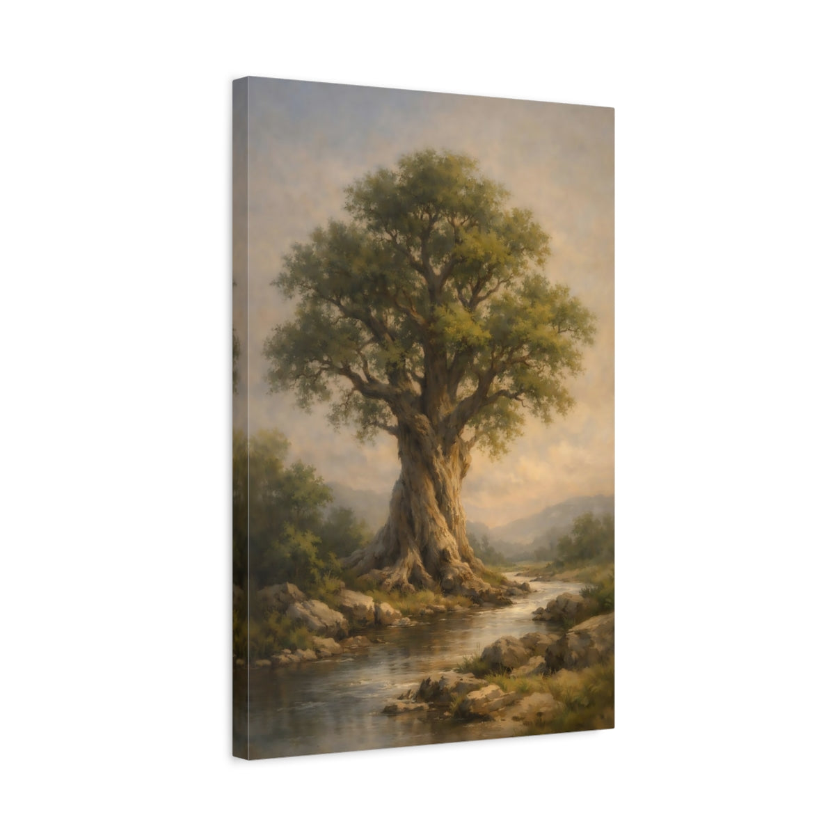 Side Mockup 3. Nature Ancient Tree Green Tree River shown as stretched canvas wall art