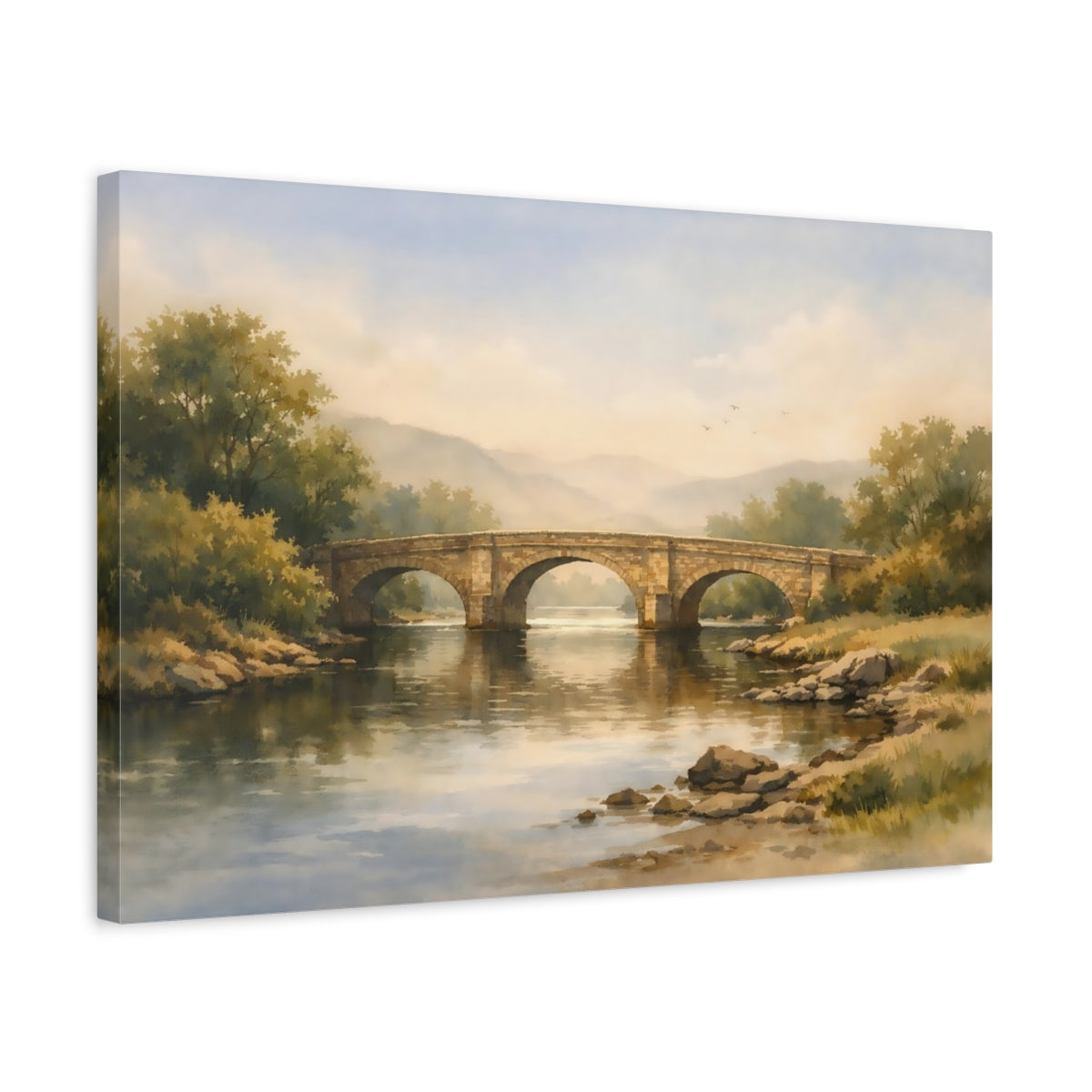 Side Mockup 3. Watercolor River Bridge shown as stretched canvas wall art