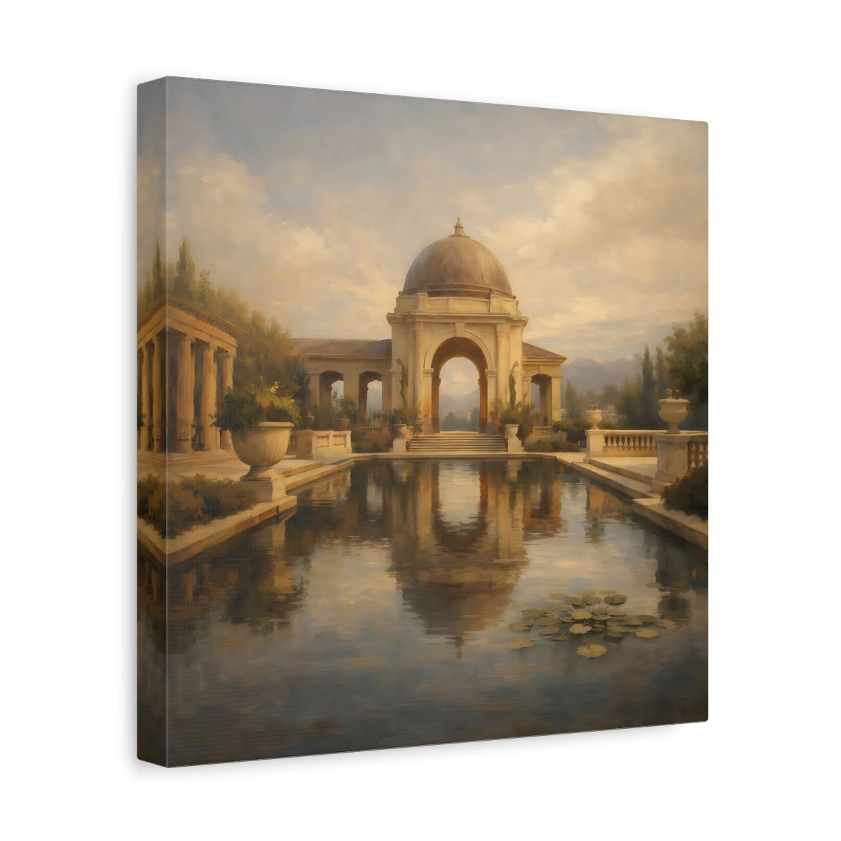 Side Mockup 8. Vintage Classical Gazebo Muted Gold Blue shown as stretched canvas wall art