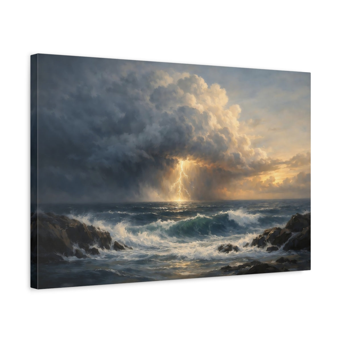 Side Mockup 3. Ocean Storm Front Cinematic Horizon shown as stretched canvas wall art