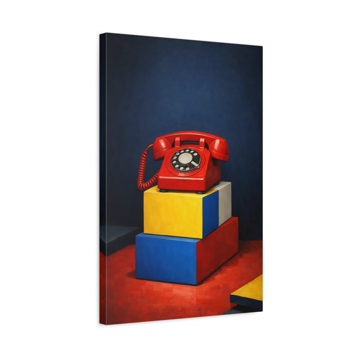 Side Mockup 3. Vintage Rotary Phone Red Rotary Phone shown as stretched canvas wall art