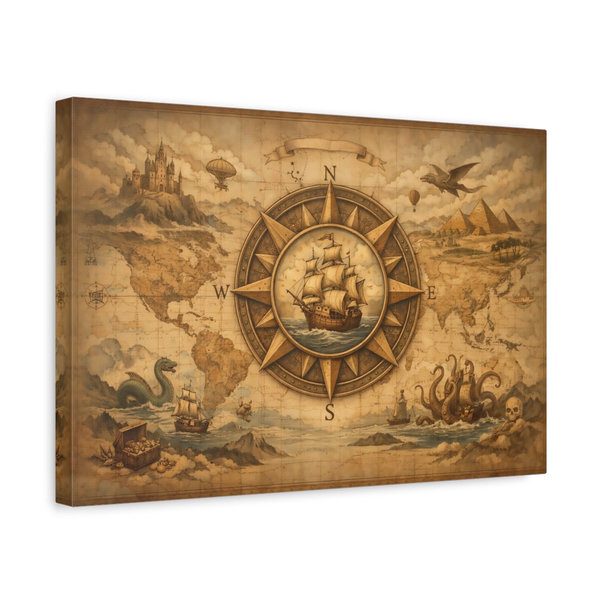 Abstract Old World Map Compass Rose - Canvas Wall Art Print