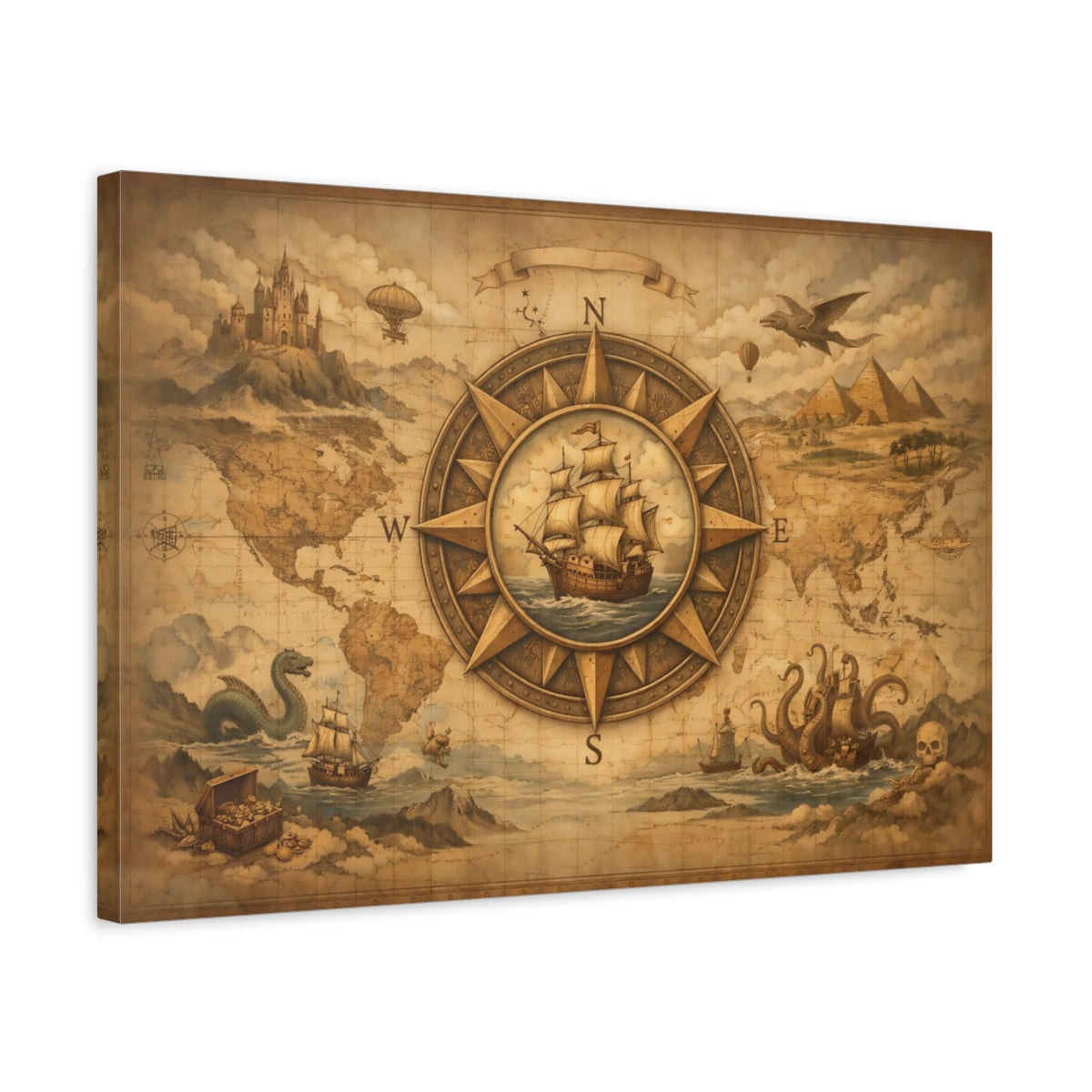 Abstract Old World Map Compass Rose - Canvas Wall Art Print