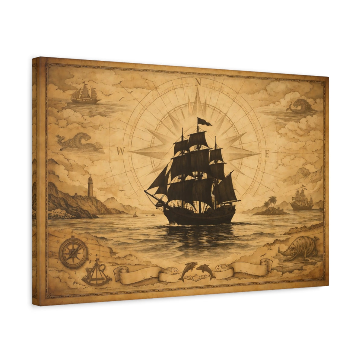 Vintage Nautical Map Sailing Ship - Canvas Wall Art Print