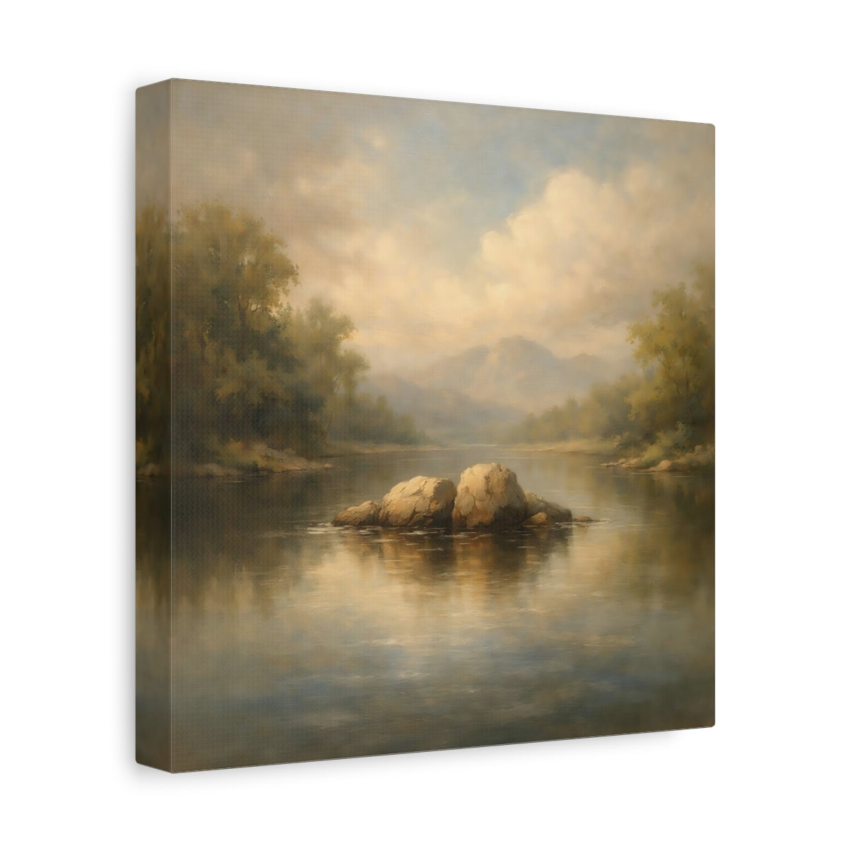 Side Mockup 9. Nature River Rocks Misty Landscape shown as stretched canvas wall art