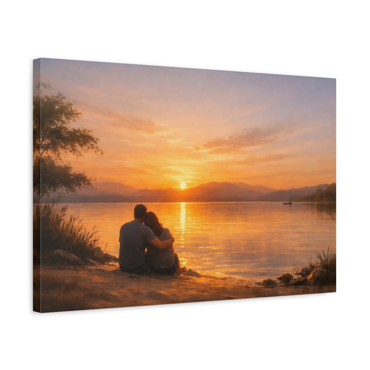 Golden Glow Sunset Reflection Couple Nature - Canvas Wall Art Print