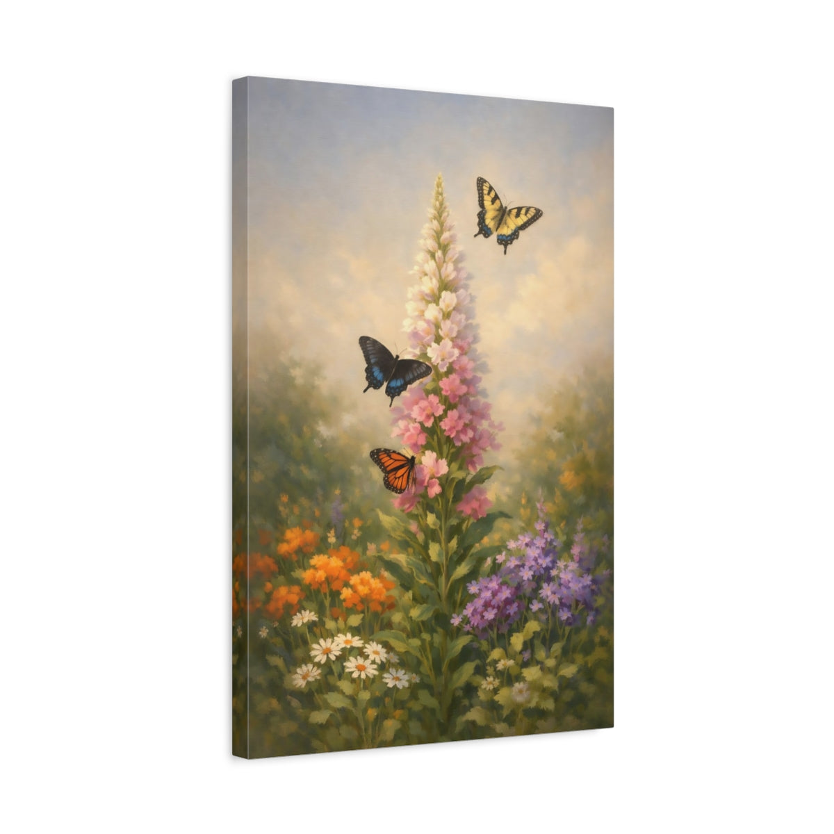 Side Mockup 3. Nature Butterflies, Flowers Floral Garden shown as stretched canvas wall art
