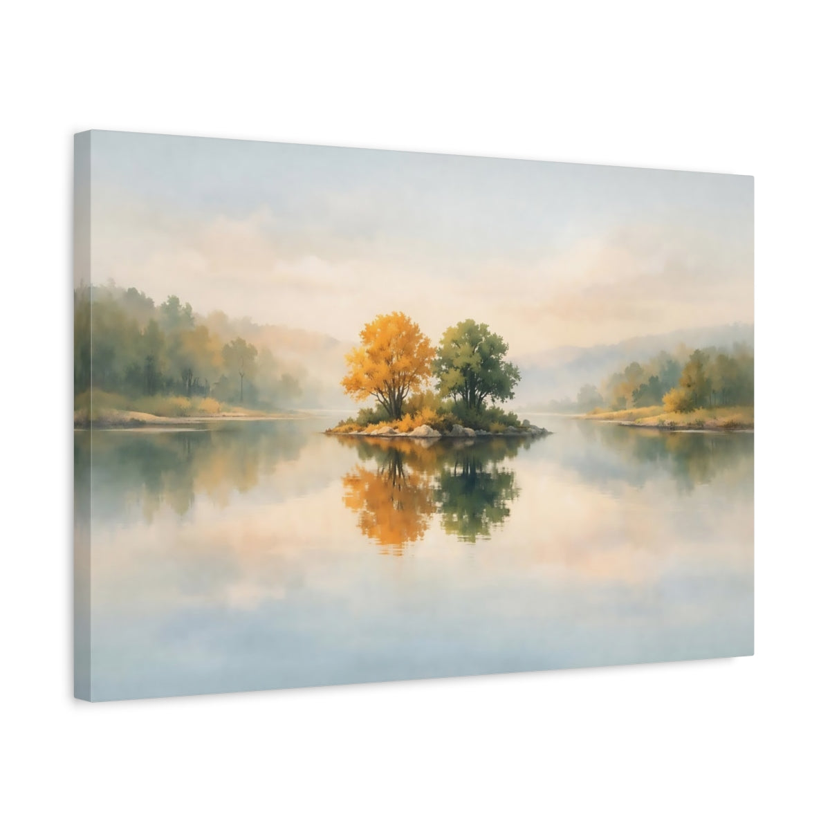 Watercolor River Reflection Island Trees Nature - Canvas Wall Art Print