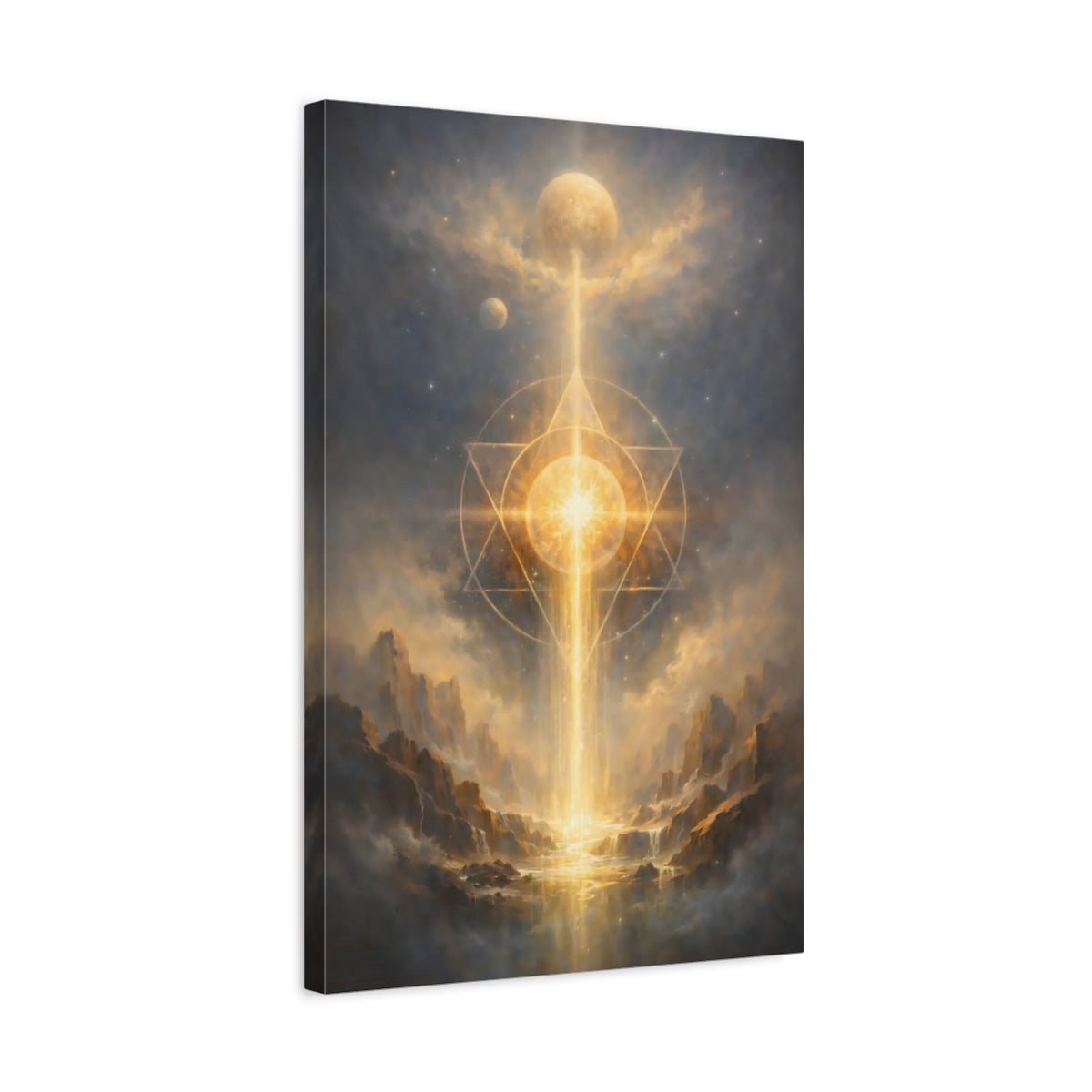 Side Mockup 3. Religious Sacred Geometry Gold And Blue shown as stretched canvas wall art