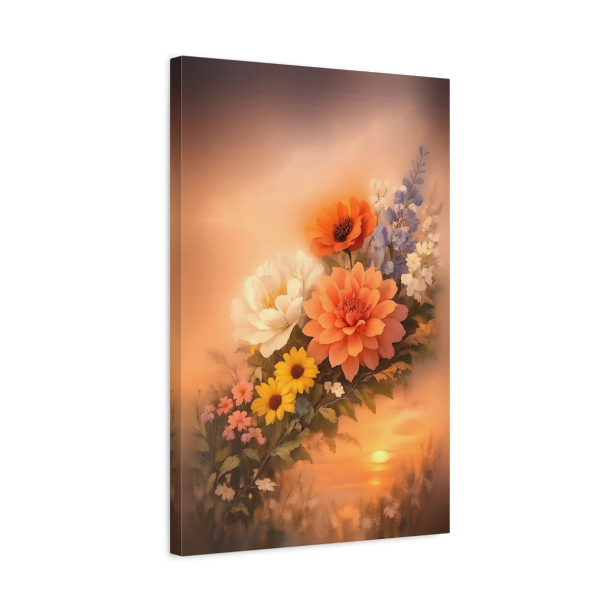 Floral Mixed Flowers Orange Sunset - Canvas Wall Art Print