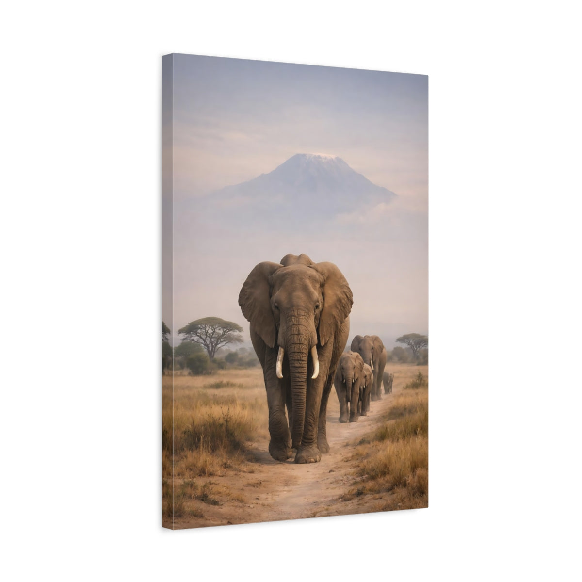 Side Mockup 3. Animals Elephant Herd African Elephants shown as stretched canvas wall art