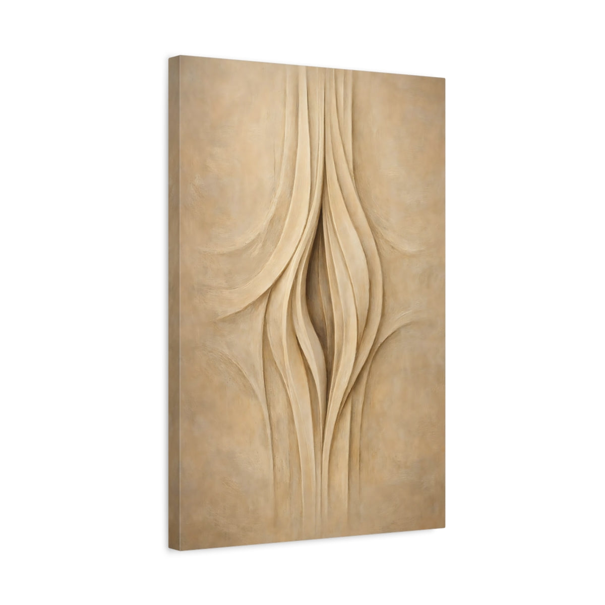 Side Mockup 3. Abstract Organic Curves Beige And Cream Abstract shown as stretched canvas wall art