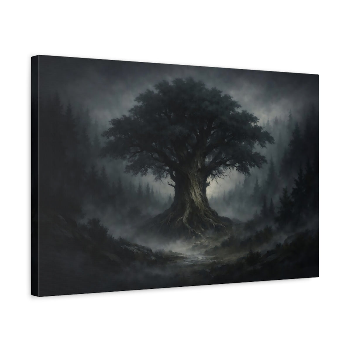 Nature Ancient Tree Dark Misty Forest - Canvas Wall Art Print