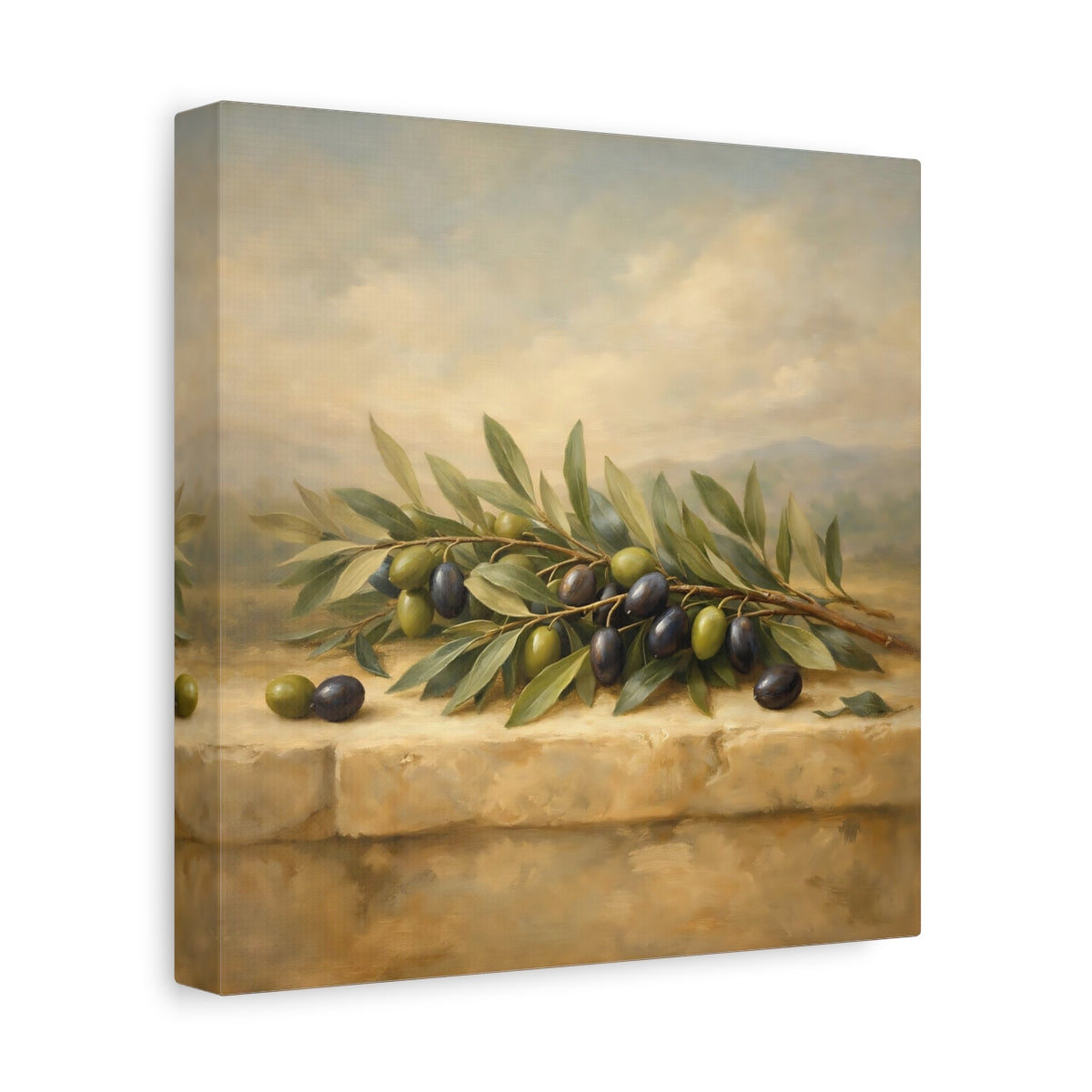Side Mockup 9. Nature Olive Branches Green Olive Still Life shown as stretched canvas wall art