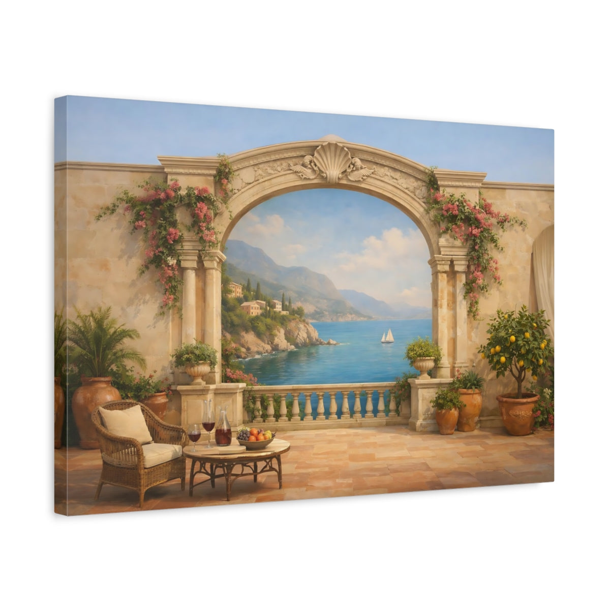 Vintage Italian Coastal Terrace Scene Nature - Canvas Wall Art Print