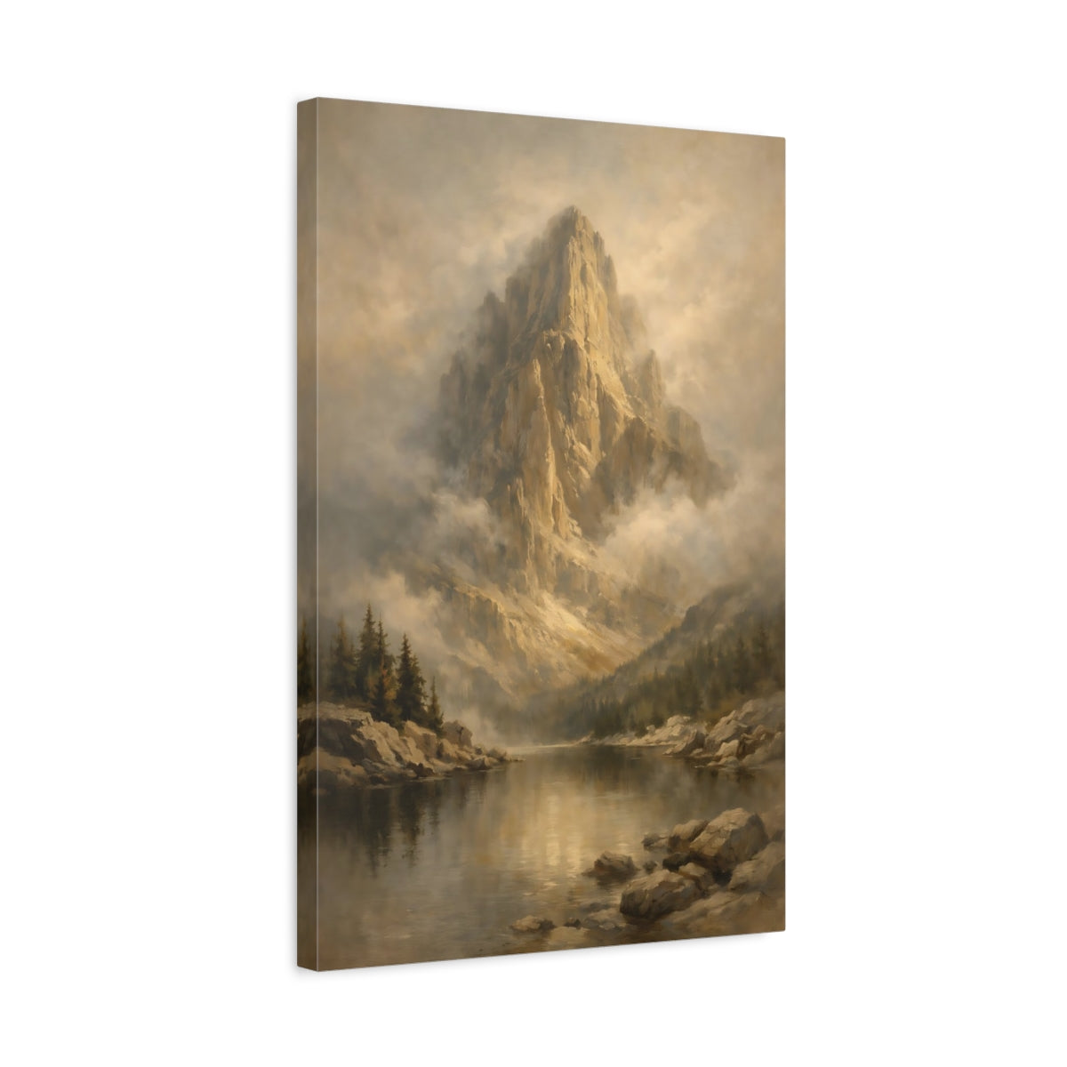 Side Mockup 3. Nature Mountain Lake Brown And Gold Mountain shown as stretched canvas wall art