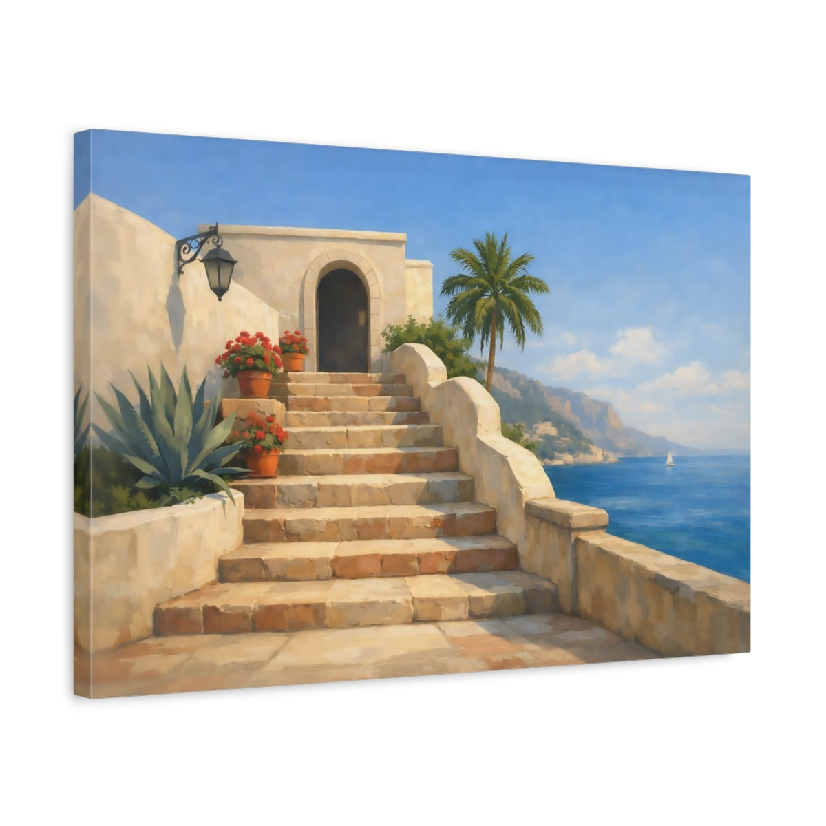 Vintage Coastal Steps Villa Nature - Canvas Wall Art Print