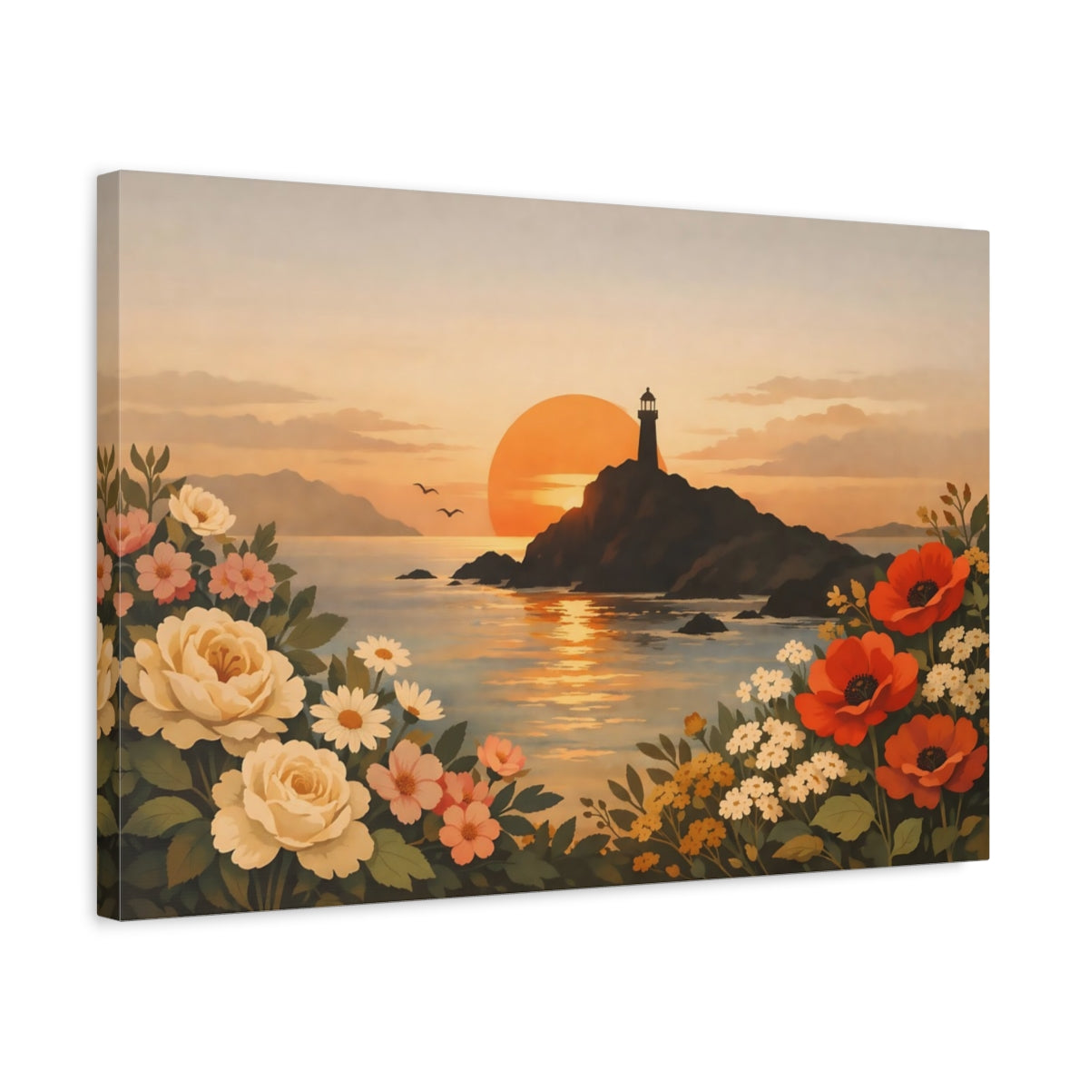 Vintage Floral Coast Coastal Sunset Nature - Canvas Wall Art Print