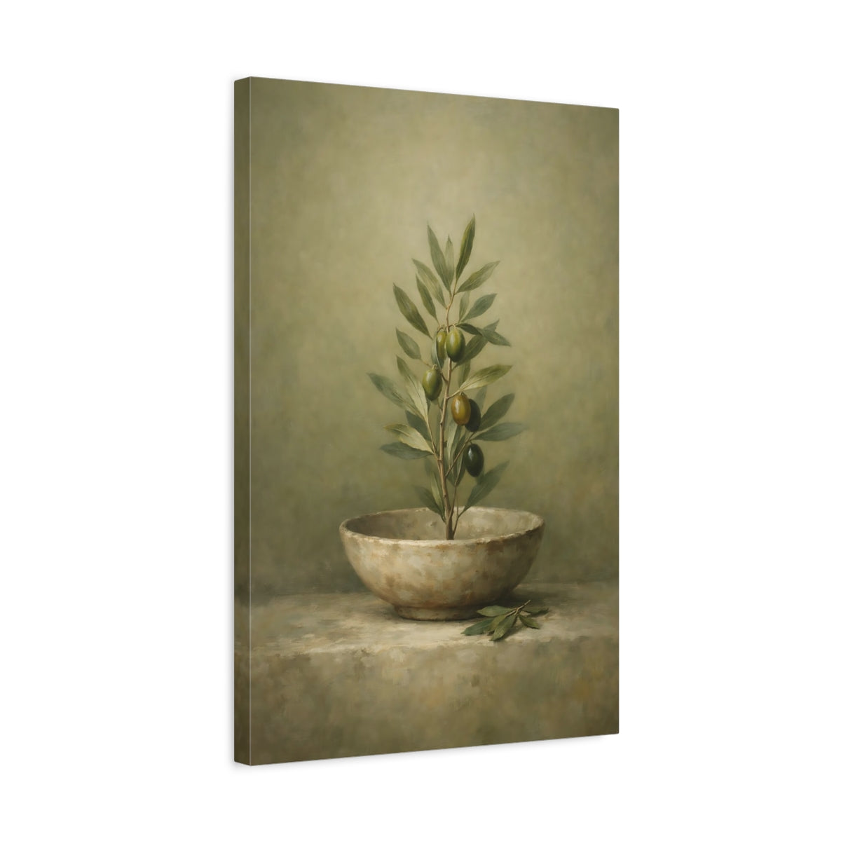 Side Mockup 3. Wabi Sabi Olive Green Neutral Composition shown as stretched canvas wall art