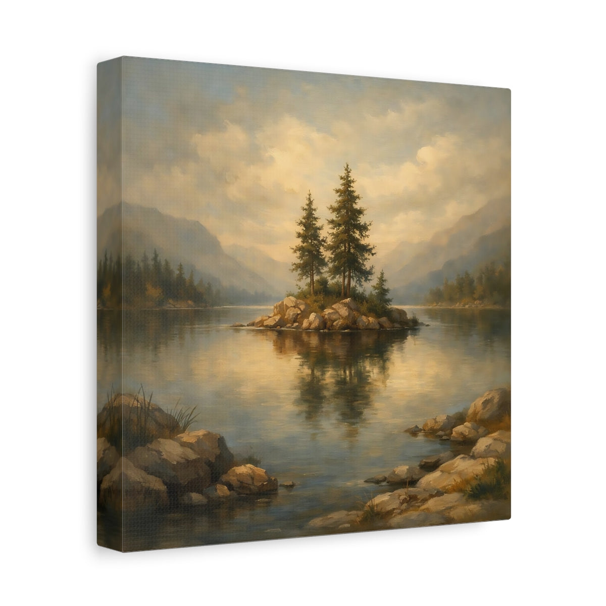 Side Mockup 9. Nature Pine Island Earthy Lake Scene shown as stretched canvas wall art